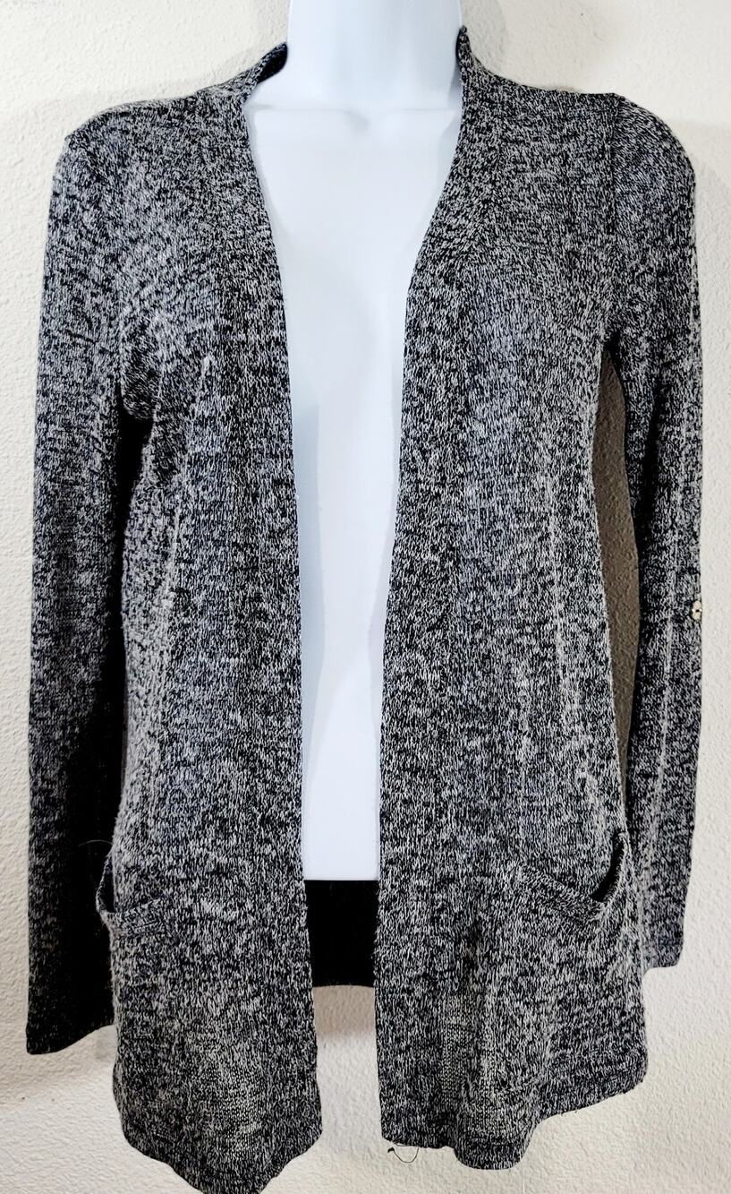 Oboe Black Gray Marled Open Front Cardigan Sweater Small Lightweight Pockets